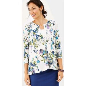 J Jill L‎ pleated floral button up cardigan grandma office sweater cotton knit